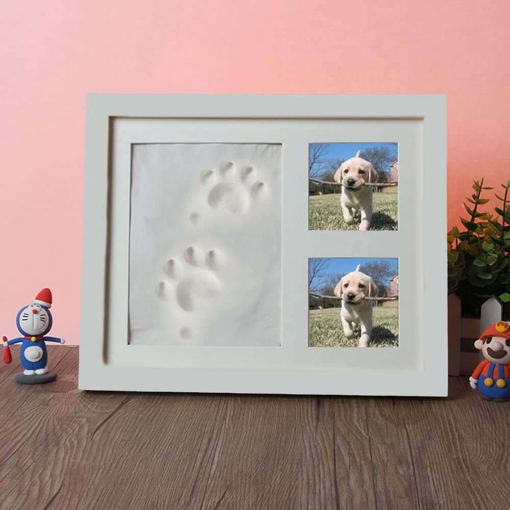 JunWish Pet Paw Print Keepsake Kit for Dog/Cat, Wooden Photo Frame with Pet Paw Print Imprint Kit (White)