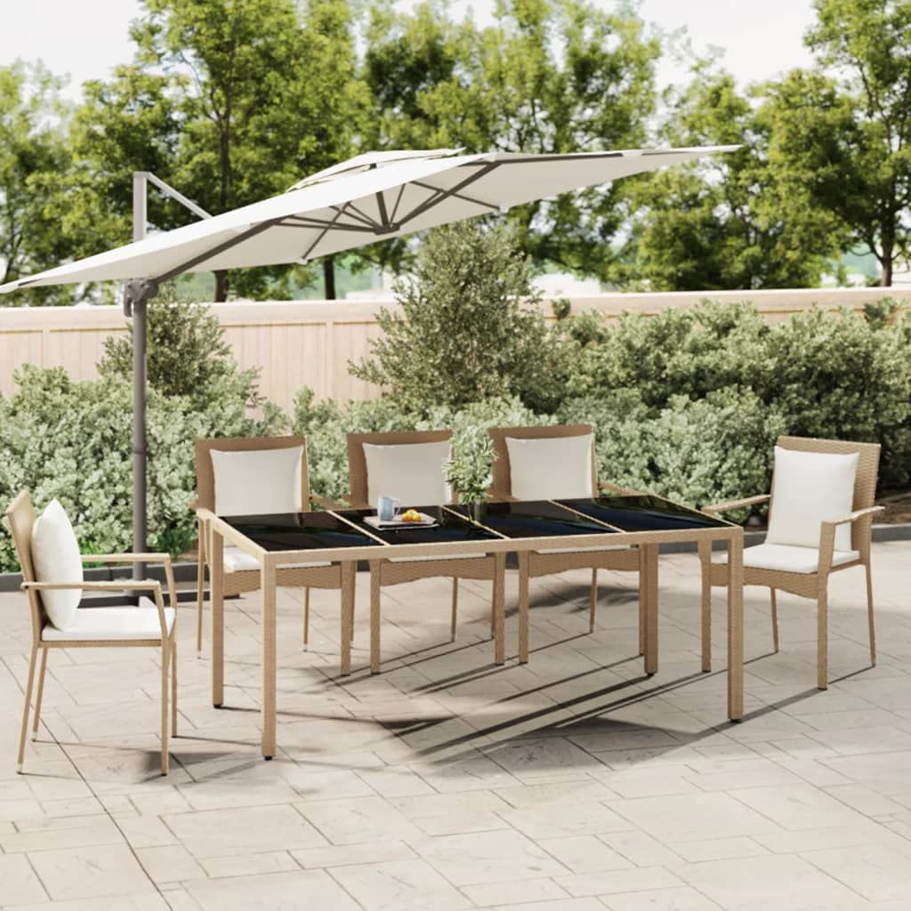 Tavolo da giardino con ripiano in vetro beige, in polyrattan, telaio in acciaio e vetro temperato, 190 x 90 x 75 cm, tavolo da terrazza per esterni, tavolo da giardino e terrazza