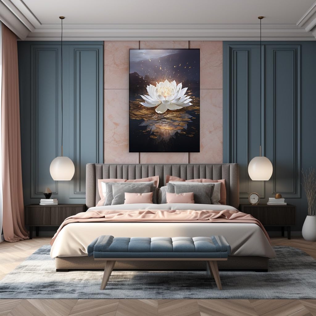 Canvas for Living room. Starry Serenity and the Blooming Lotus - Unveiling the Essence of Peaceful Evenings, 27 x 18 inch Canvas Wall Art - Contemporary Masterpieces - Modern Home Decor - 27 x18 inch