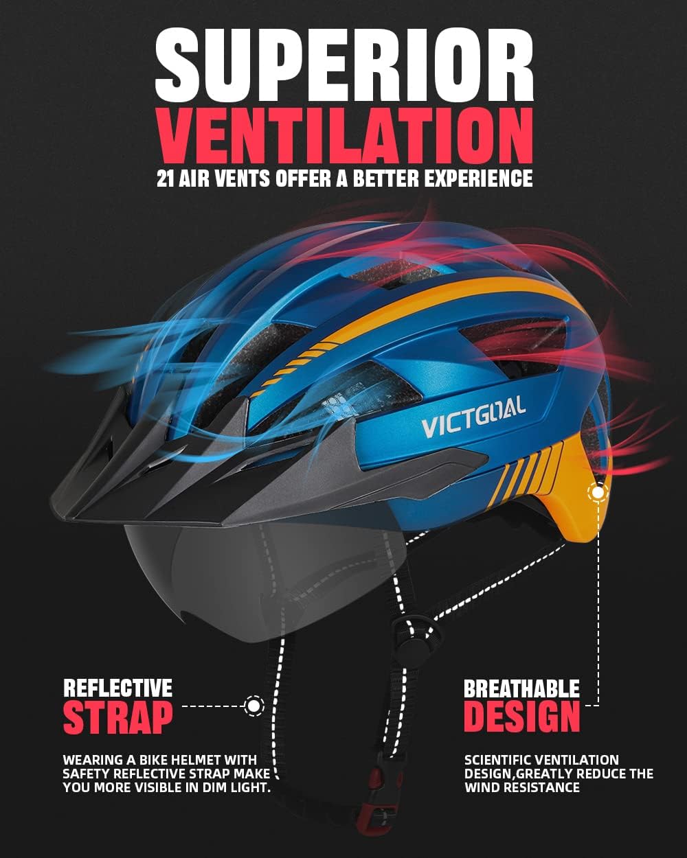 VICTGOAL Bike Helmet for Men Women with Led Light Detachable Magnetic Goggles Removable Sun Visor Mountain & Road Bicycle Helmets Adjustable Size Adult Cycling Helmets