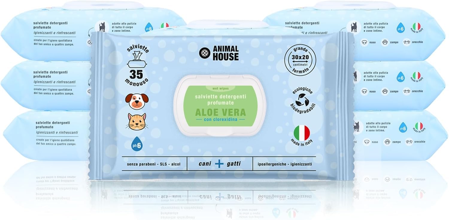 Animal House Salviette Profumate 350 PZ: Salviette Umidificate Ipoallergeniche e Biodegradabili per la Pulizia Quotidiana di Cani e Gatti (350, Aloe E CLOREXIDINA)