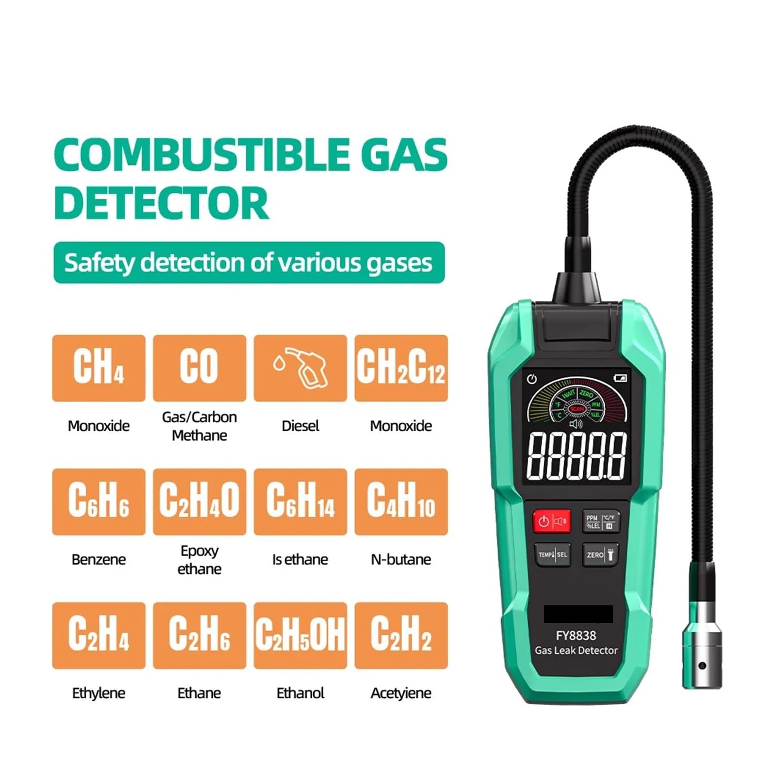 Rilevatore di fughe gas for metano infiammabile 9999 PPM Tester for naturale combustibile con schermo LCD e allarme sonoro-luminoso