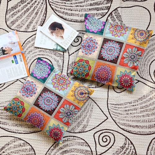 Image of Divine Casa Set of 5 Mandala Cushion Covers 16x16 Inches | Polyester Decorative Sofa Cushion Covers with Lace Border | Multicolor Printed Cushion Covers for Living Room & Bedroom | Multi Brown