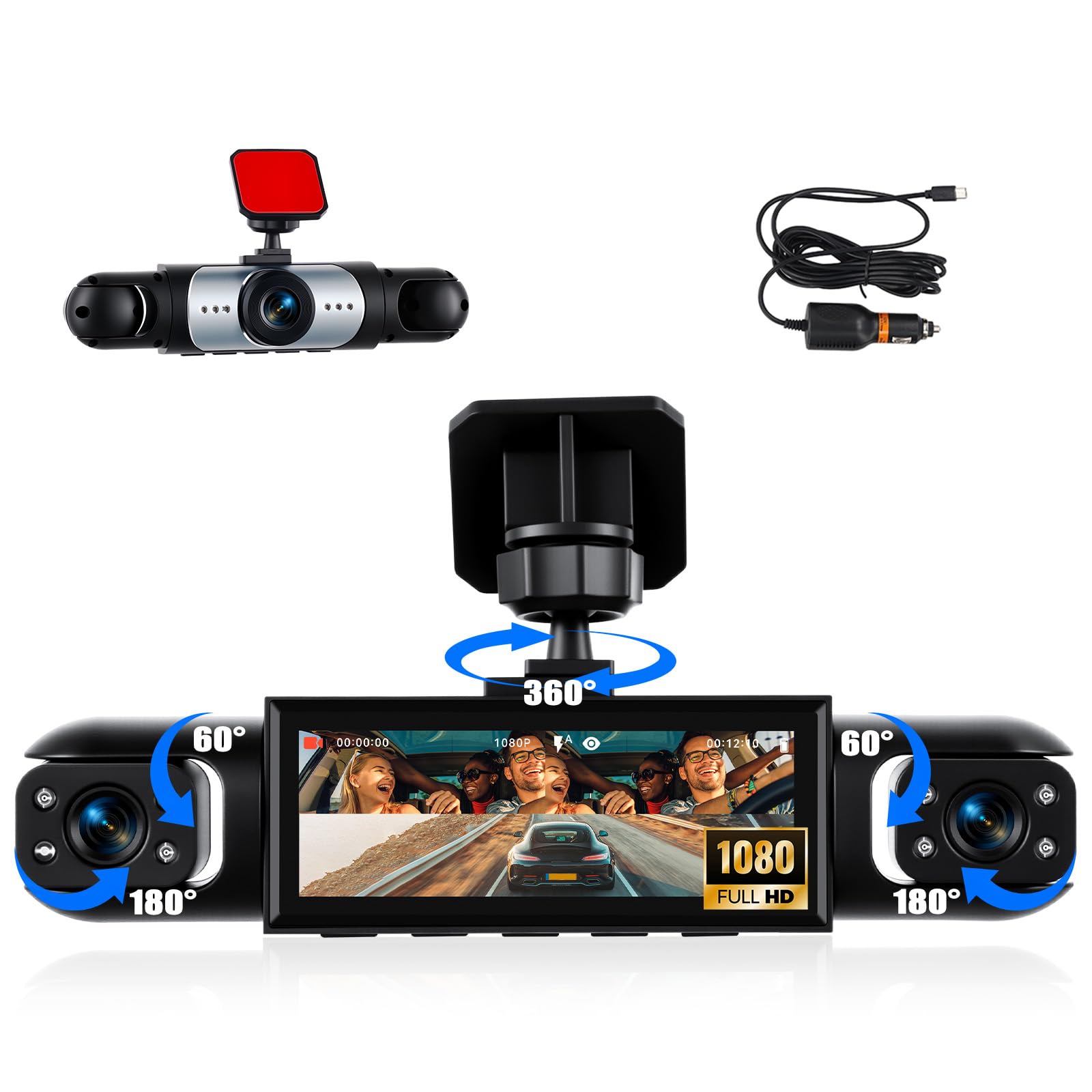 dashcam 3 canali fronte laterale 1080p schermo 316mmregistrazione