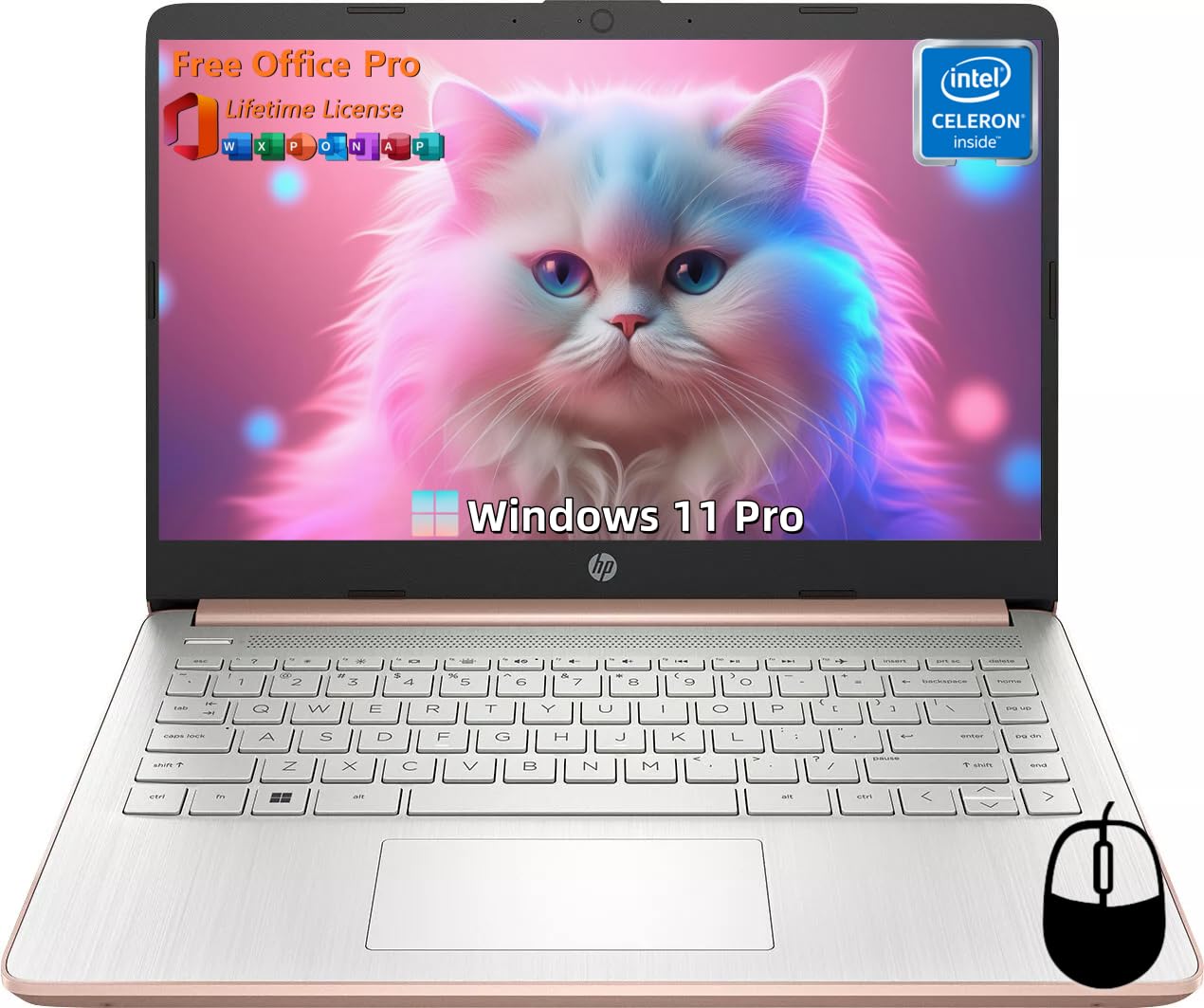 HP 14" Laptop for Business, Intel Quad-Core N4120, 16GB RAM + 384GB (128GB eMMC+256GB MSD), Long Battery Life, Wi-Fi, HDMI, Office Pro Lifetime License & Wind 11 Pro,w/Jawfoal Accessories, Rose Gold