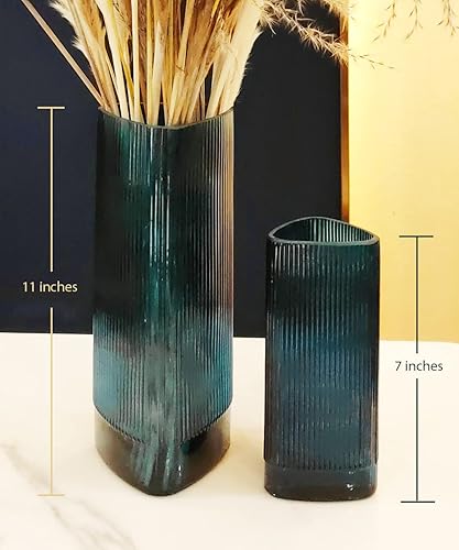 Miniatura 4 de VROOMIUM Vases for Flowers Set of 2 - 11 Large and 7 Small Green Glass Vase for Pampas Unique Triangles Decorative Vase for Centerpieces Floreros