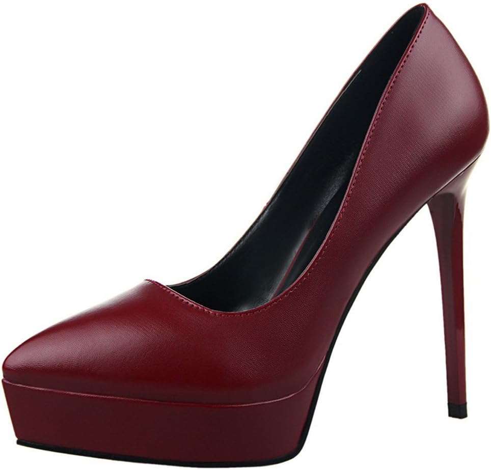 vusum Women's Pumps Closed Pointed Toe Stiletto High Heels Patent Leather Platform Wine Red US Size 6.5