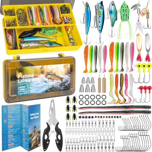 RISEMART148 PCS Angeln Köder Set mit Köderbox - Wobbler, Löffelblinker, Spinner, Jigs, Haken & Zubehör für Süß- & Salzwasser
