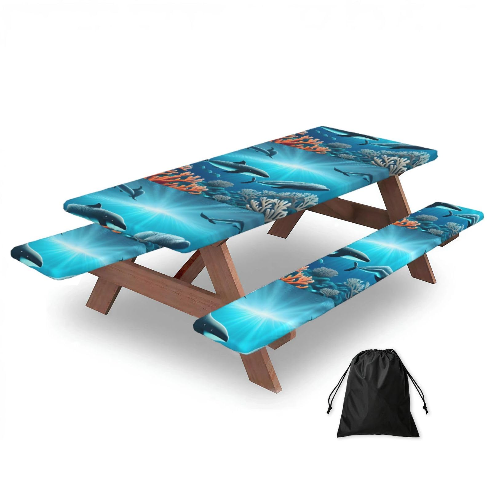 Hhbiuuo Black 72In Camping Table Cover & Bench Covers 3-Pack Set, Whales Under The Sea Print Tablecloths, For Rectangle Tables Picnic