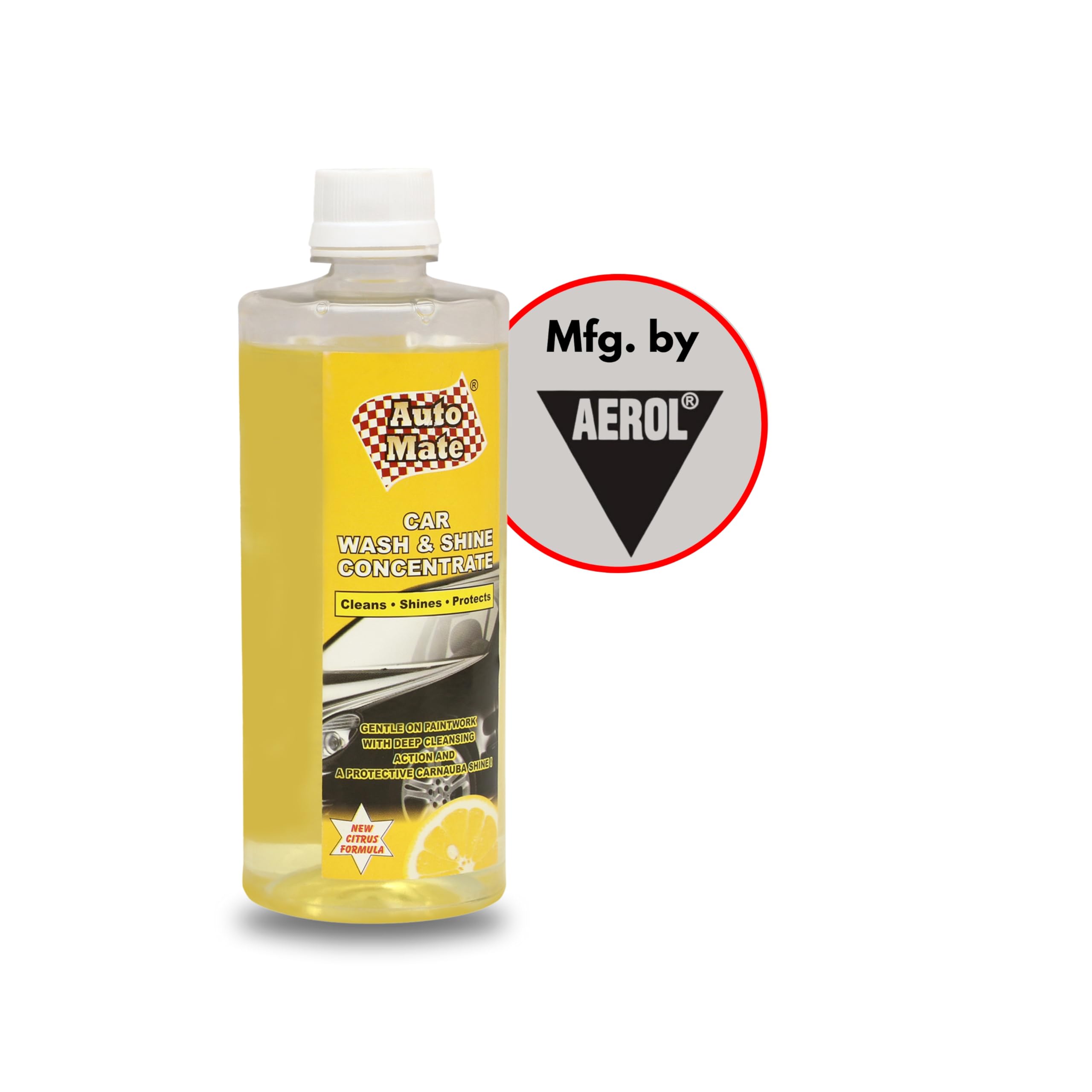 AUTO MATE AEROL Car Wash & Shine Concentrate, pH Neutral Car Shampoo, Citrus Fragrance, Carnauba Wax Foam Wash, High Gloss Finish, Dirt Remover for Cars, Bikes & All Vehicles, 500 ml, 500 g