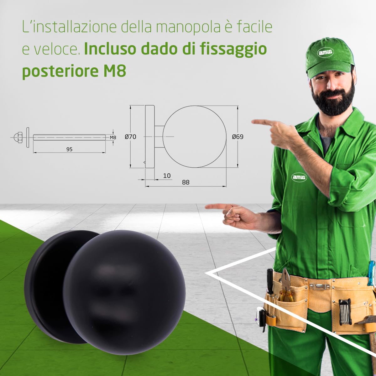 Amig - Pomello per porta | Realizzato in acciaio inossidabile | Maniglia: Ø70 mm | Nero | Resistente allo sfregamento, alla ruggine e alla corrosione