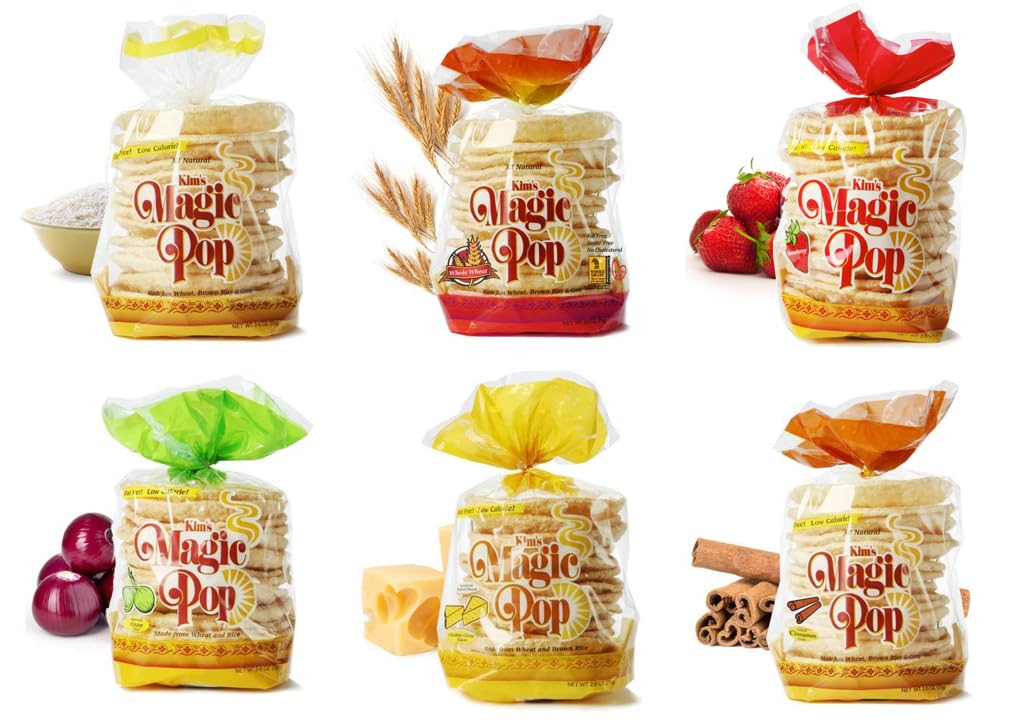 Kim's Magic Pop Freshly Popped Rice Cake Combo A 12 Bags | 15 Cakes per Bag | Vegan | Low Carb, Sugar Free, Fat Free, Natural, Multigrain Korean Snack | Easy Bread, Chip, Cracker Replacement
