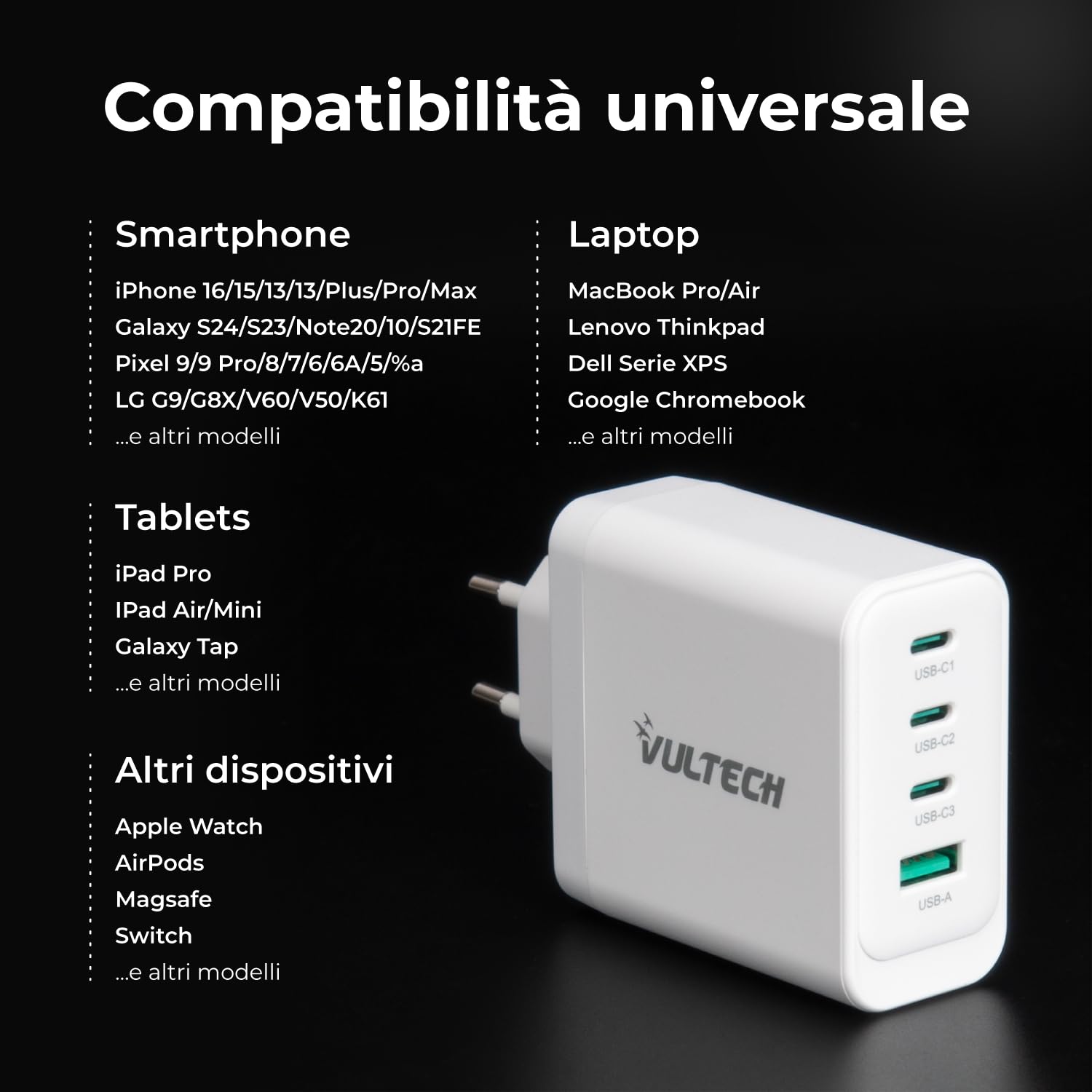 VulTech CC100-3C1A Uniwersalna ładowarka do notebooków 100 W GaN USB + 3 x Type-C/USB-C PD3.0 QC3.0 PPS biały - kompaktowy rozmiar
