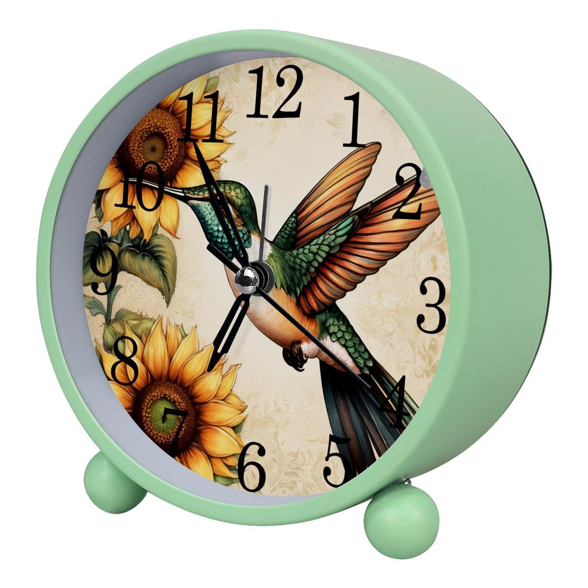 Luoweisi Alarm Clock Sunflower Hummingbird, Silent Non-Ticking with Night Light, Round Metal Alarm Clock for Office, Battery Operated, Bedroom, Elderly, Adults, Children, Student Gifts