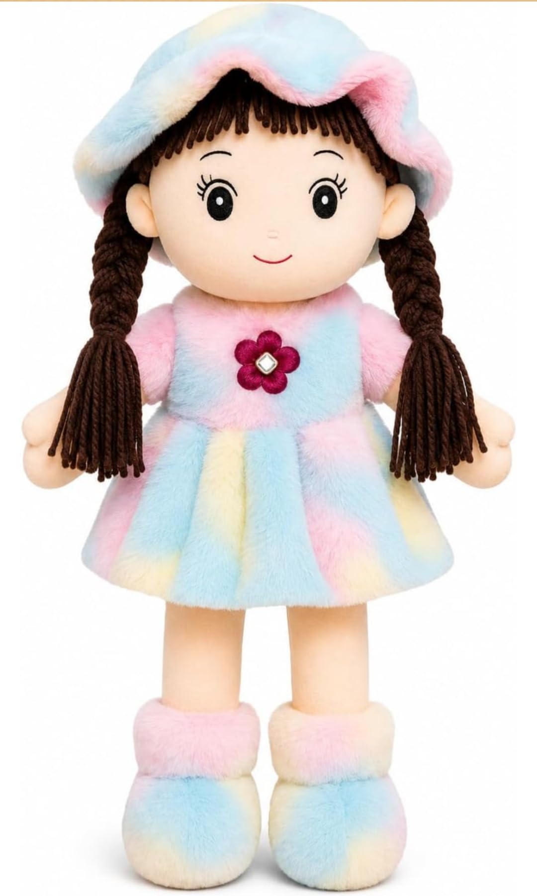 Soft Hat Doll for Kids 45 cm | Cute Plush Rag Doll with Cap & Braided Hair | Washable Stuffed Toy for Girls & Boys | Birthday Gift (Multicolor)-image-37