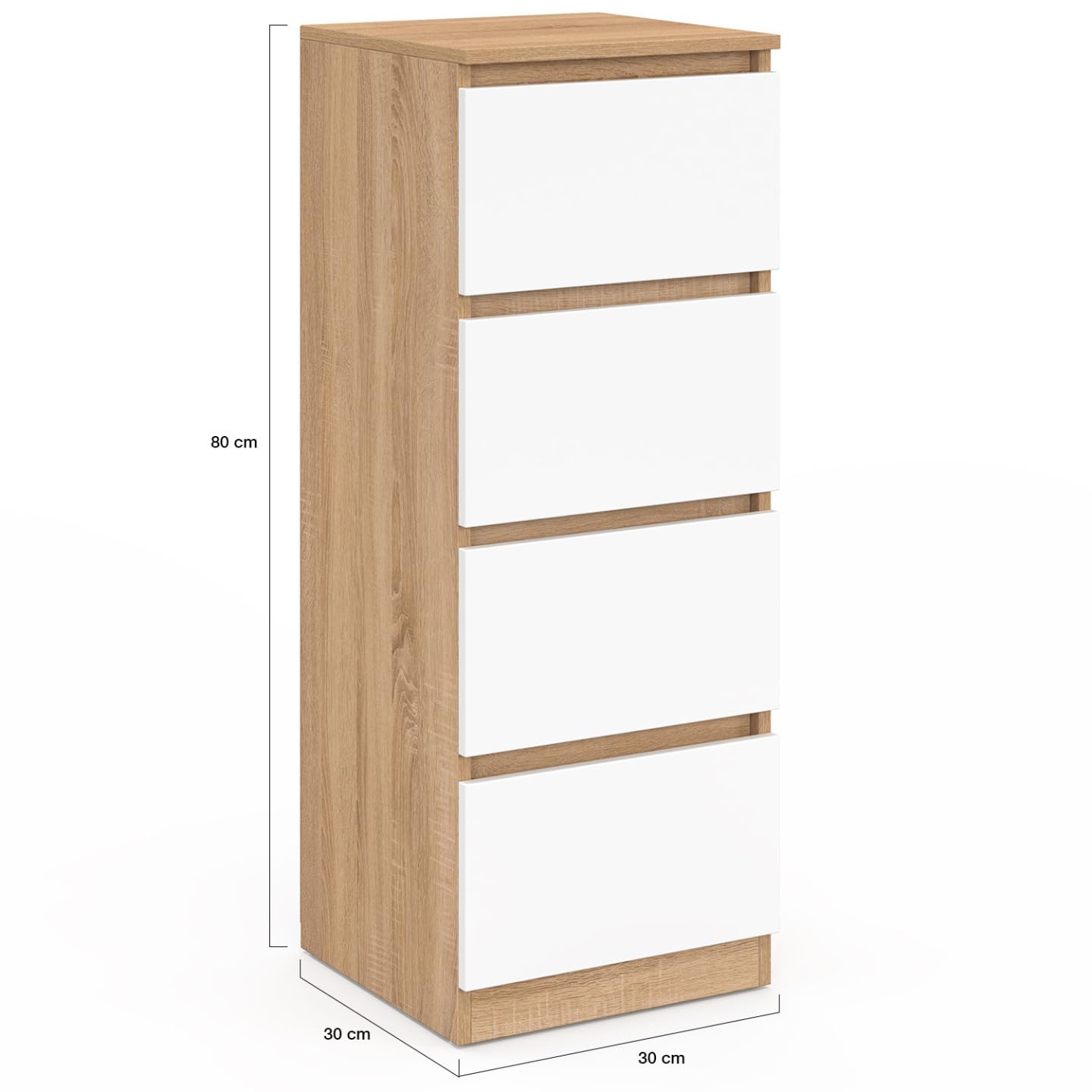 IDMarket - Meuble d'appoint 4 tiroirs TOMI 30x30x80 cm chiffonnier pour entrée Salle de Bain Bois façon hêtre et Blanc