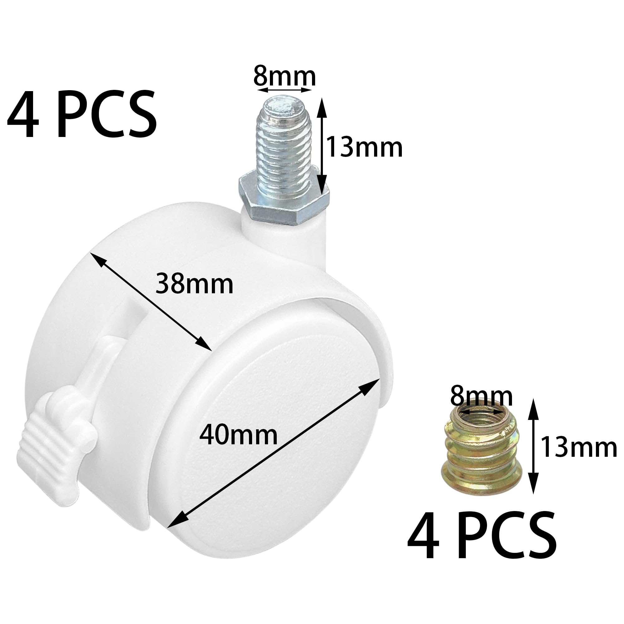 4 PCS Swivel Universal Casters Wheels with Brakes,Furniture Castor (White), 40 millimeters - Image 4