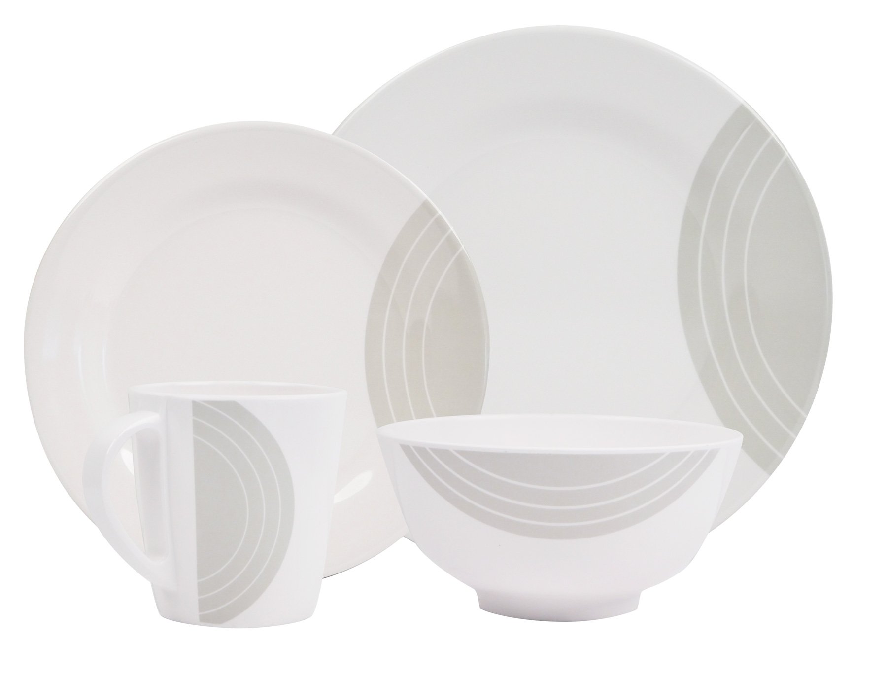 100% Melamin Geschirr Circle elfenbeinweiß/grau/rund - Set 16-Teilig 4 Personen - Outdoor Picknick Camping Spülmaschinenfest