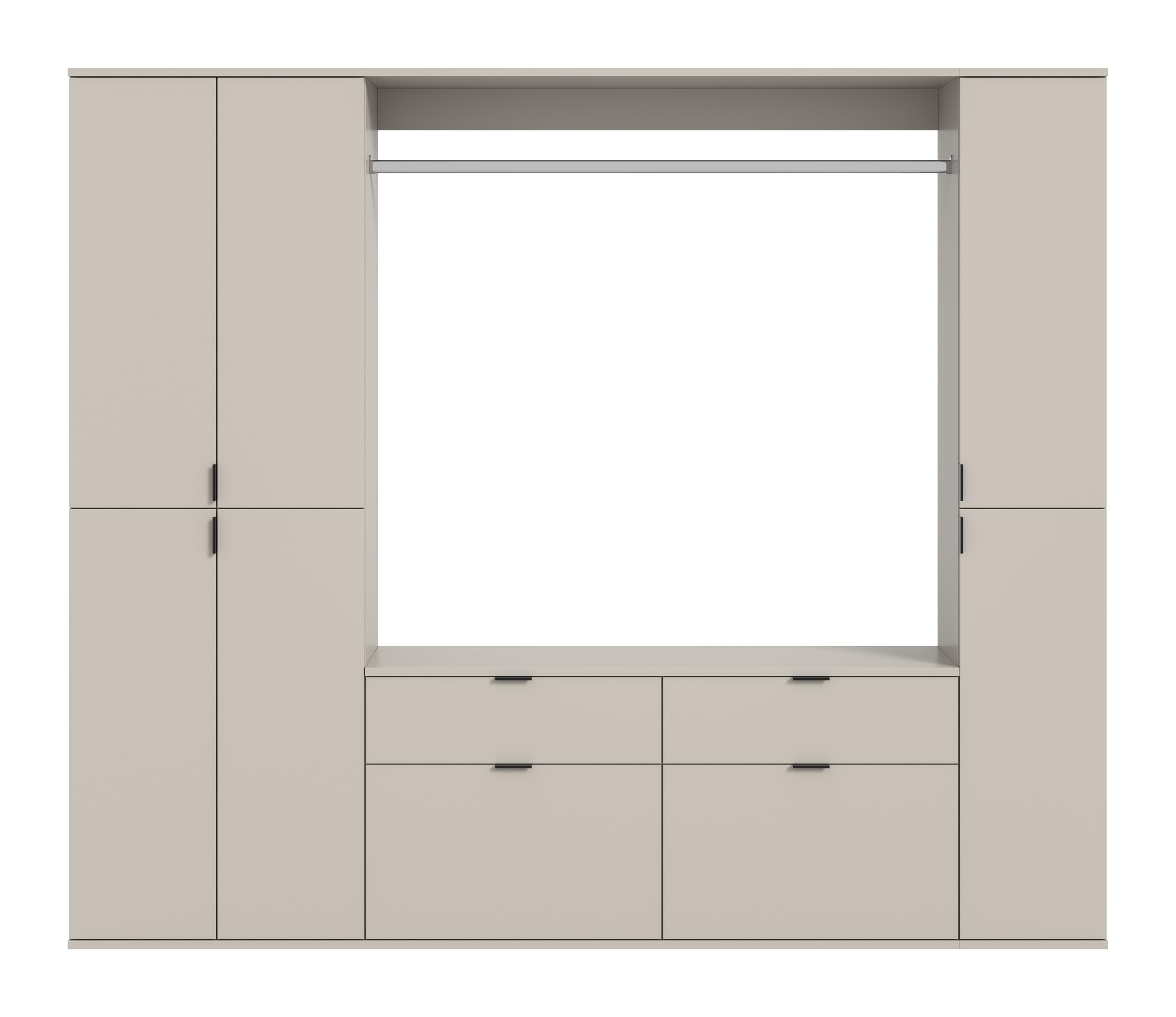 xonox.home – 3 TLG. Garderobenkombination Projekt X 212x193x34 cm in Kaschmir Melamin – Set mit breitem Hochschrank, breiter Kommode & Wandboard – Großzügige Schrankkombination für die ganze Familie