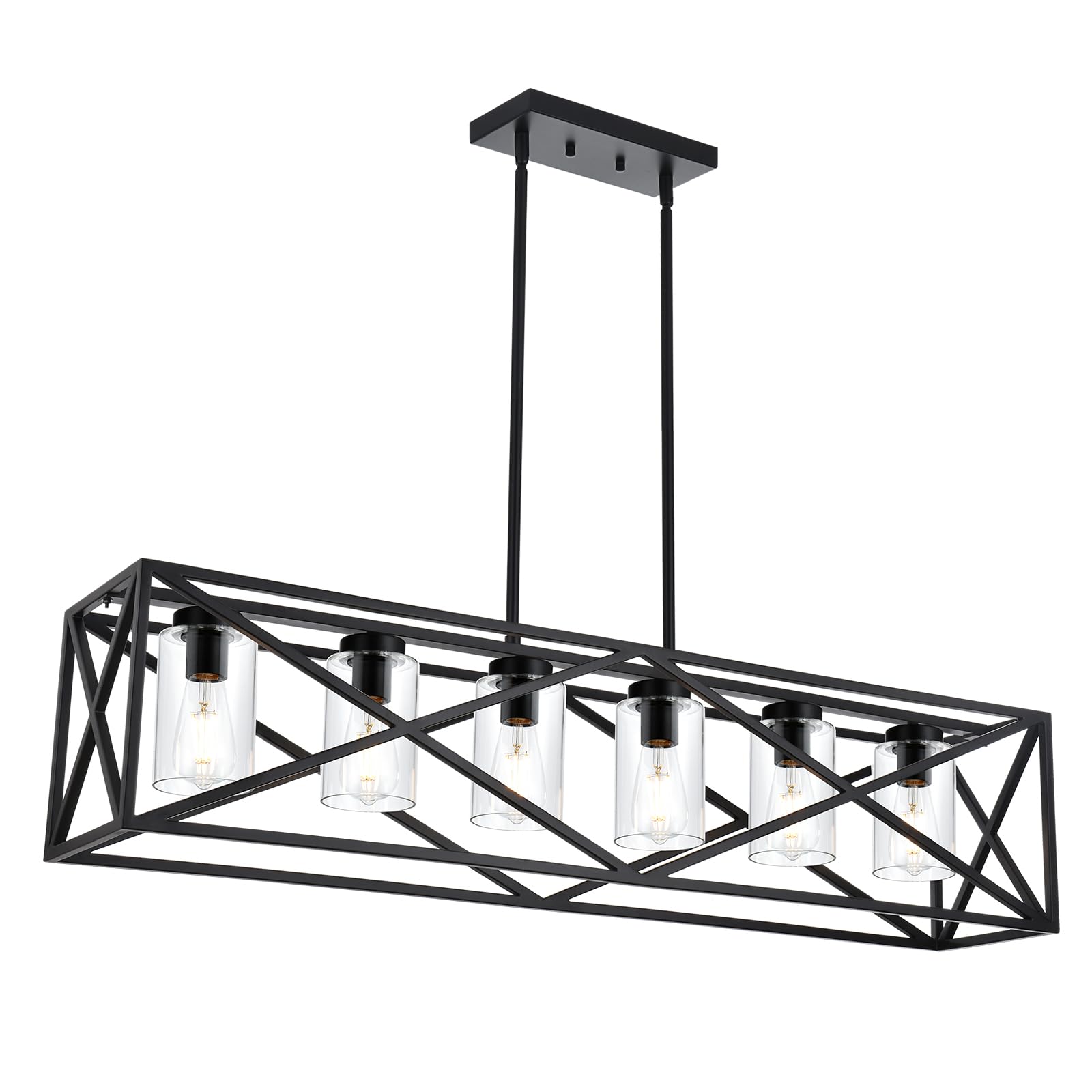 6-lights farmhouse chandelier black dining room light fixtures, 45.28" contemporary rectangle kitchen island lighting with clear glass shade