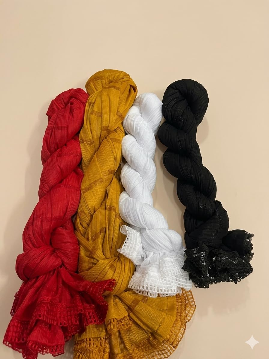 ANANTSHAKTII Women's Lycra Crush Dupatta with Lace Border, Multicolor, Dyed, Pack of 4-RED-MUSTARD-WHITE-BLACK-picture-38