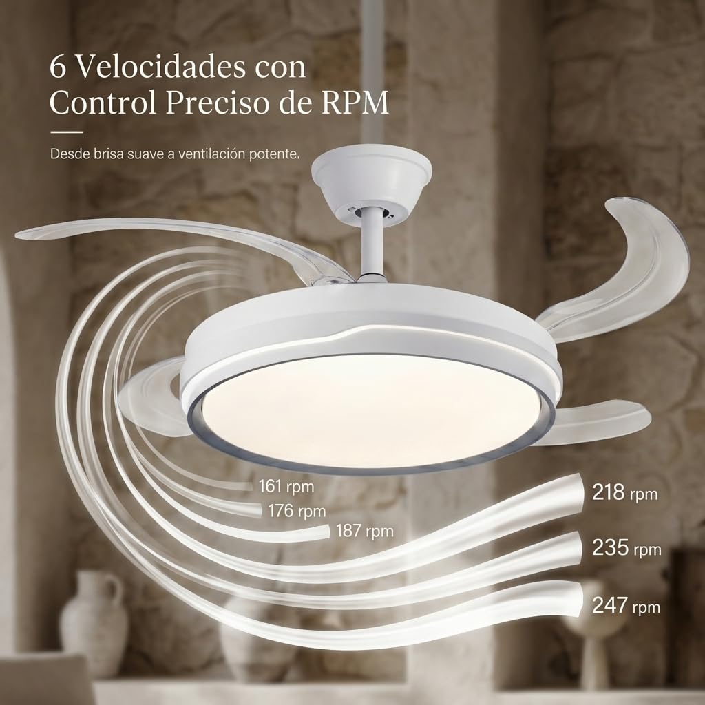 Ventilador de Techo Retráctil con Luz LED 70W, Motor DC 30W Silencioso, 107cm, 6 Velocidades, Luz Regulable con Memoria, Modo Noche, Temporizador 2H/4H, Reversible, con Mando (Raya Clásica)
