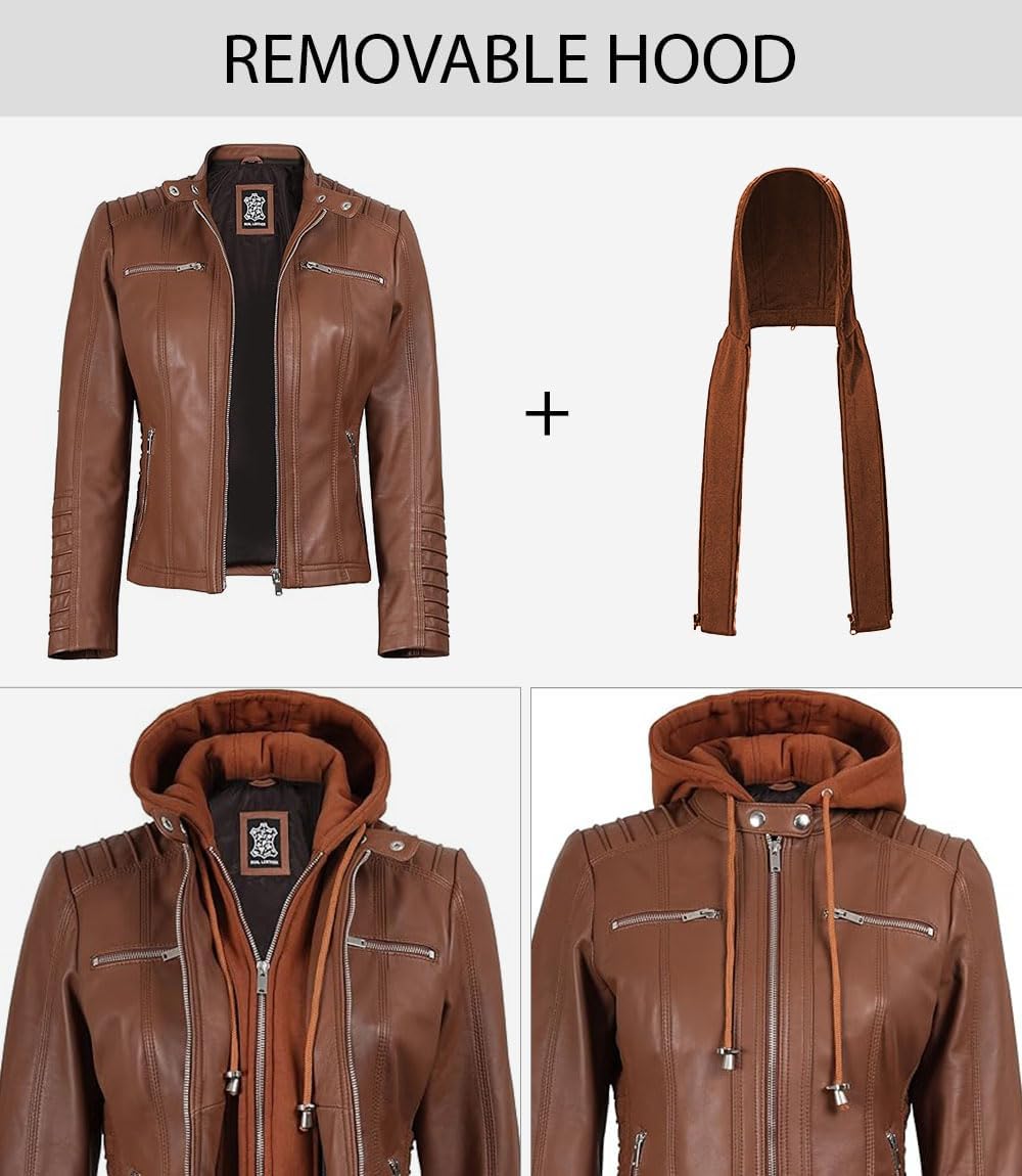 Blingsoul Leather Jacket Women - Real Lambskin Womens Leather Jackets with Detachable Hood - Image 3