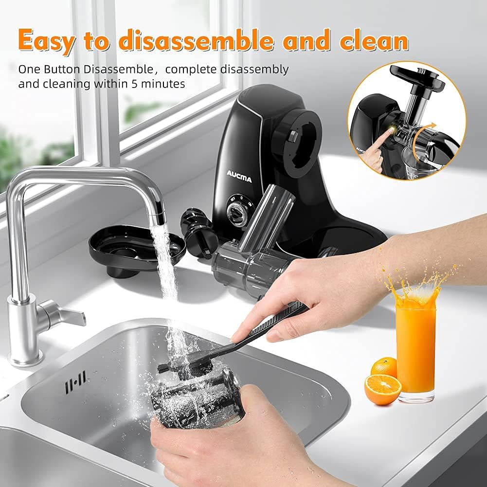 Aucma Juicer parts being cleaned under running water with a brush