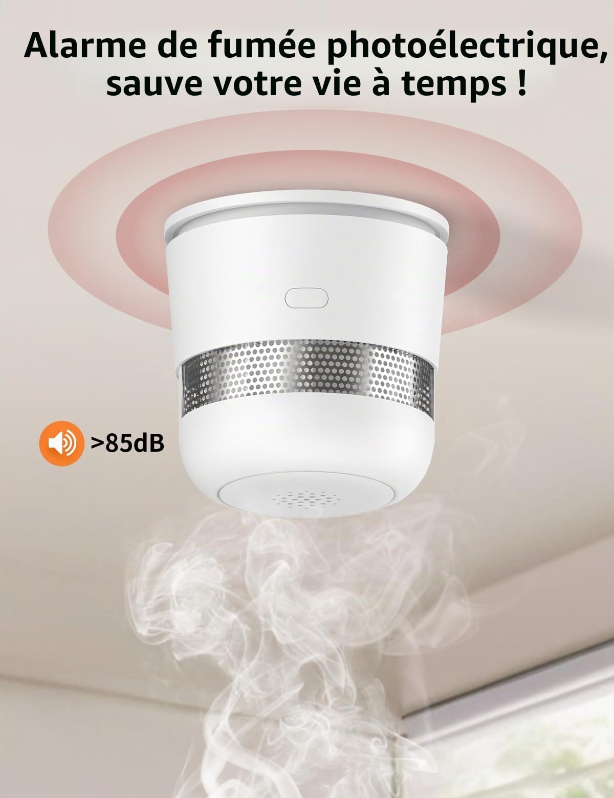 Détecteur de fumée, Pile de 10 Ans Alarme Incendie pour la Maison Détecteur de Fumée avec Batterie Scellée 10 Ans Pad Adhésif Conforme à la Norme EN14604
