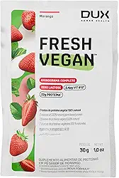 DUX HUMAN HEALTH - FreshVegan - Proteína Vegana de Ervilha e Arroz, 20g de Proteínas por Porção - Suplementos Naturais, Suplementação Treino Academia, Ganho Muscular Hipertrofia - Morango - Sachê 31g
