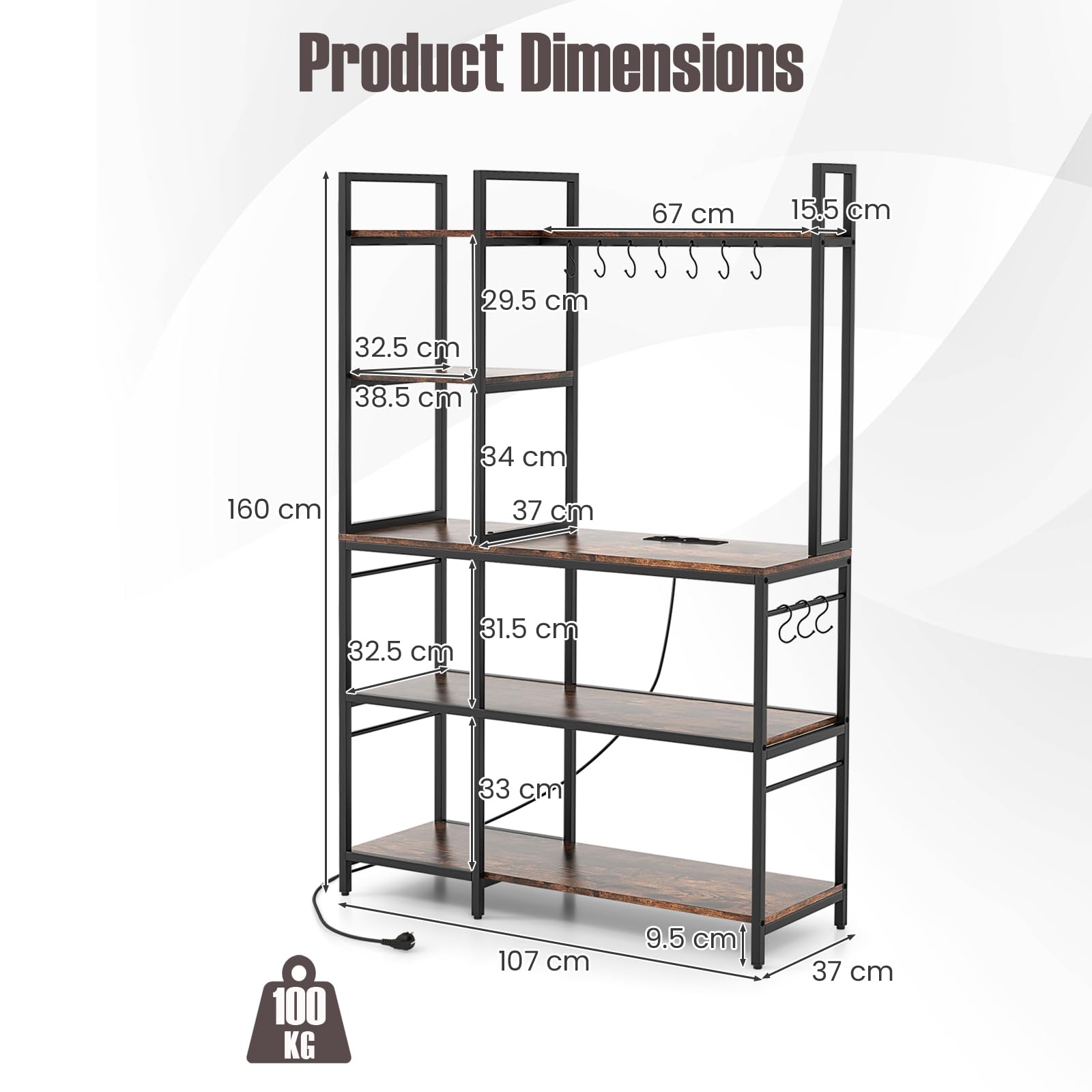 KOMFOTTEU Mensola Microonde a 5 Livelli in Metallo, Scaffale Cucina con Stazione di Ricarica, 10 Ganci, Supporto per Forno a Microonde, Scaffale Da Panetteria per Sala da pranzo, 107x37x160cm, Marrone