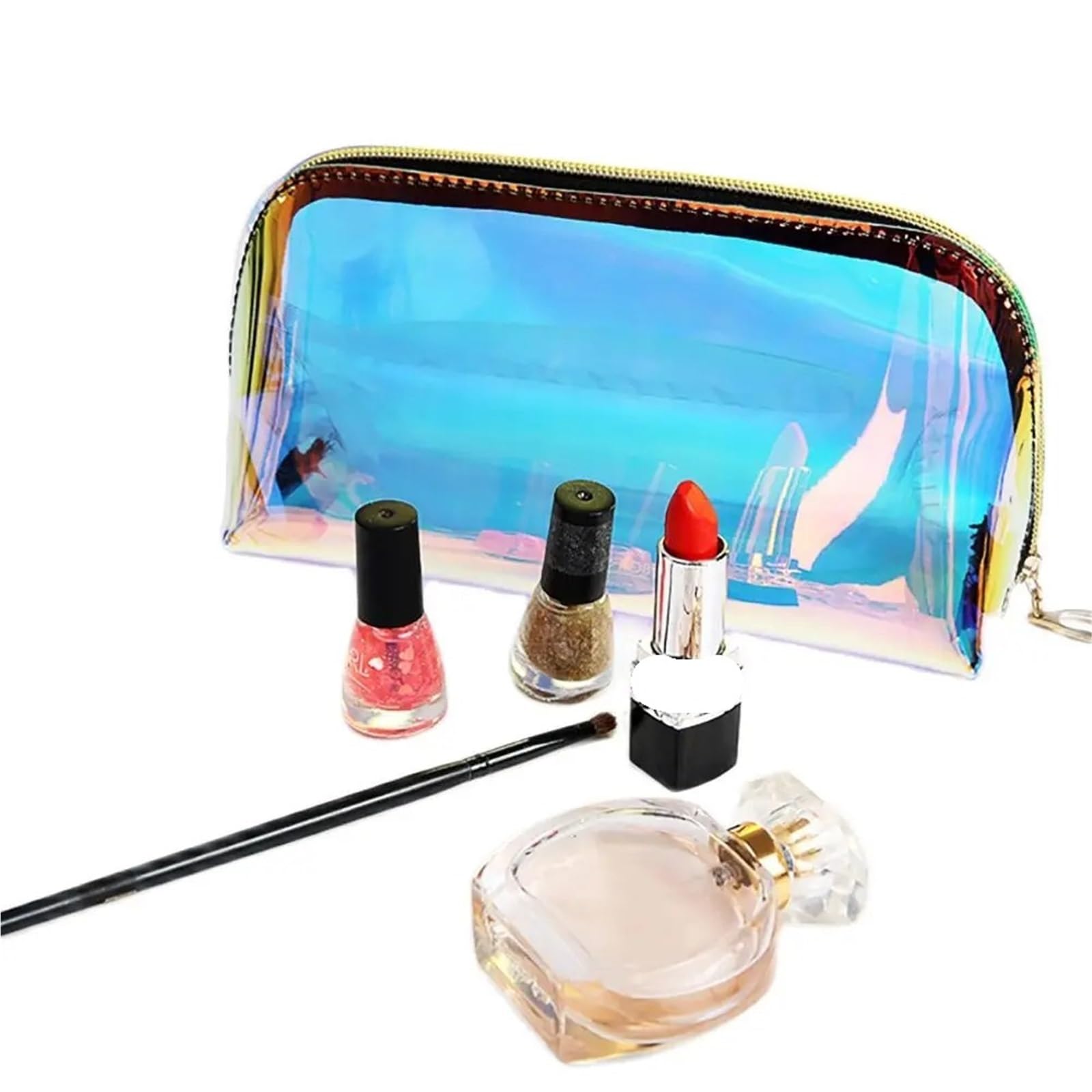 100Pcs Transparent Holographic PVC Cosmetic Zipper Bags Waterproof Travel Plastic Laser Ladies Makeup Pouch(21x11x8cm)