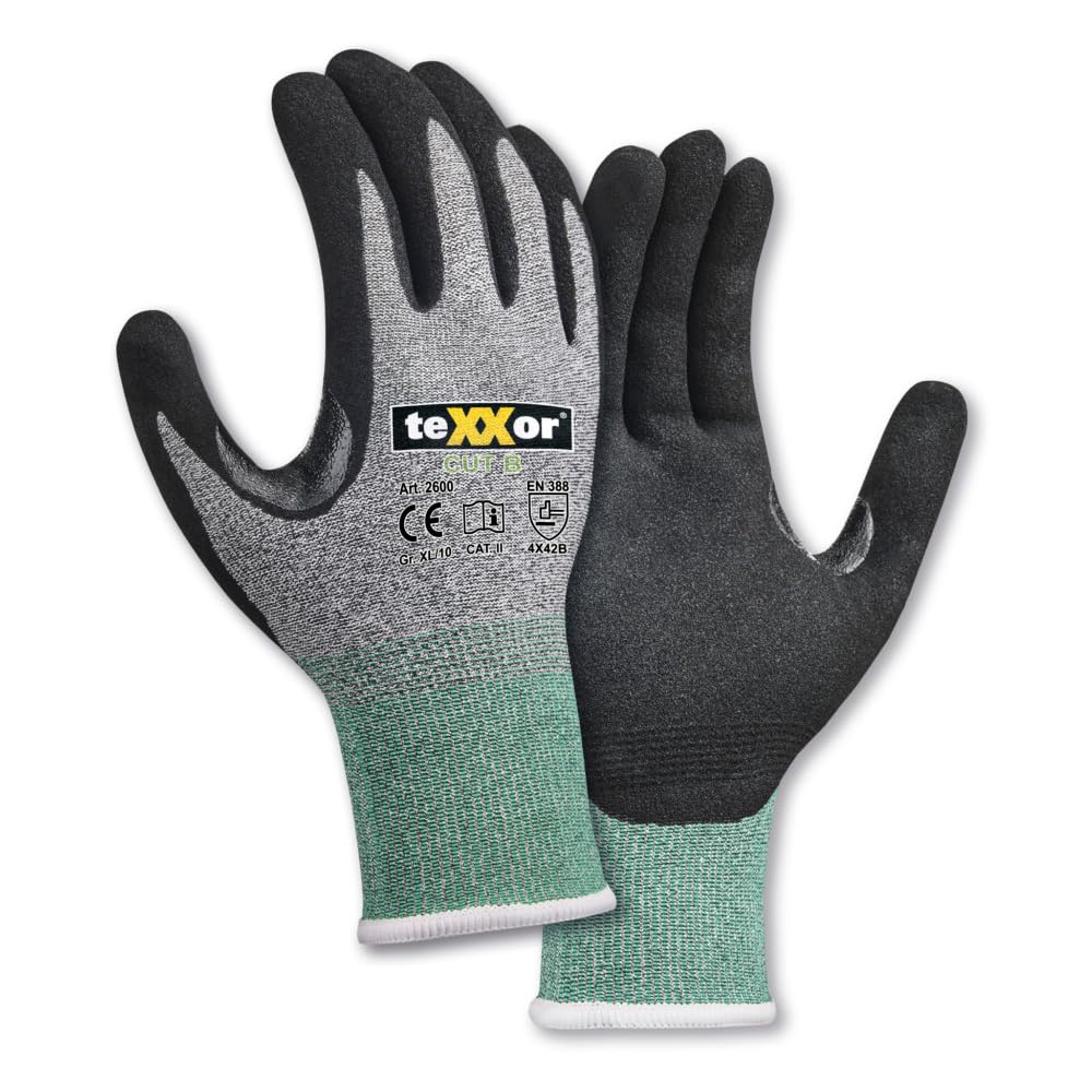 texxor 144 Stück Schnittschutz-Strickhandschuhe 2600, CUT B, grau-schwarz, 12/XXXL, Karton, Schnittschutzhandschuhe, Arbeitshandschuhe, Küchenhandschuhe