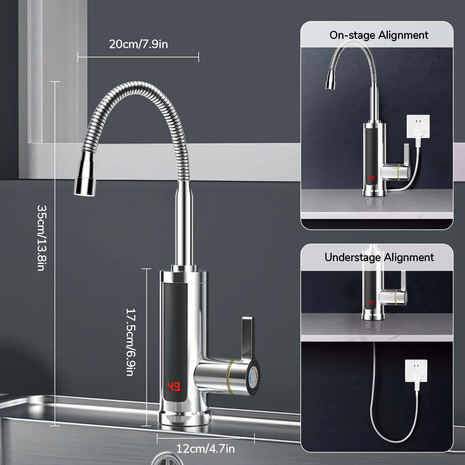 Grifo con Calentador de Agua Instantaneo, Grifo Eléctrico con Calentador de Agua Instantáneo, Grifo Calentador de Agua Instantáneo LED Giratorio 360°, Grifo Eléctrico 220V 3000W