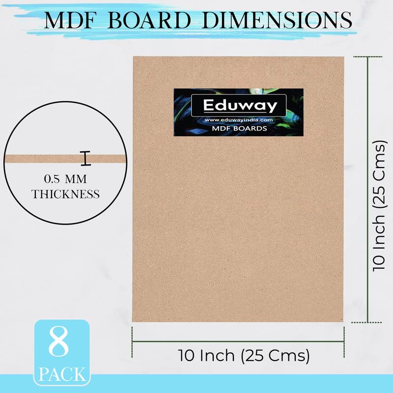 Image of Eduway 10x10 Inch MDF Board Wood Sheet for Mandala , Lippan, Resin Art & Craft , 4mm Thick, Pack of -8 - Premium Cardboard Material for Artists, Art and Craft Students - Hard Cutout in Small and Large Sizes (25x25 cms)