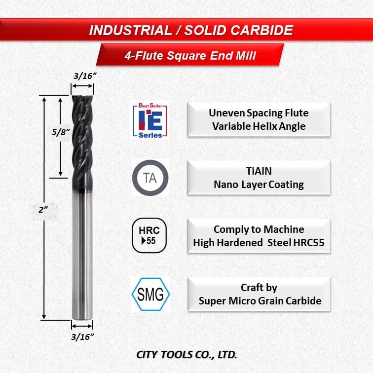 Image of ZUQ | 3 /16 inch Dia, 3 /16 inch Shank, Solid Carbide 4 Flute Square End Mill, Uneven Flute, Variable Helix, AlTiN Coated, for Alloyed Steel, Hardened Steel up to 55 HRC (S500IE2-11354TA-3 /16)