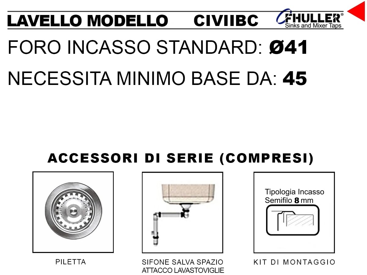 Lavello Cucina Circum CIVIIBC, Tondo Inox Spazzolato, Ø 43,5 cm, Altezza 20 cm, Incasso made in Italy