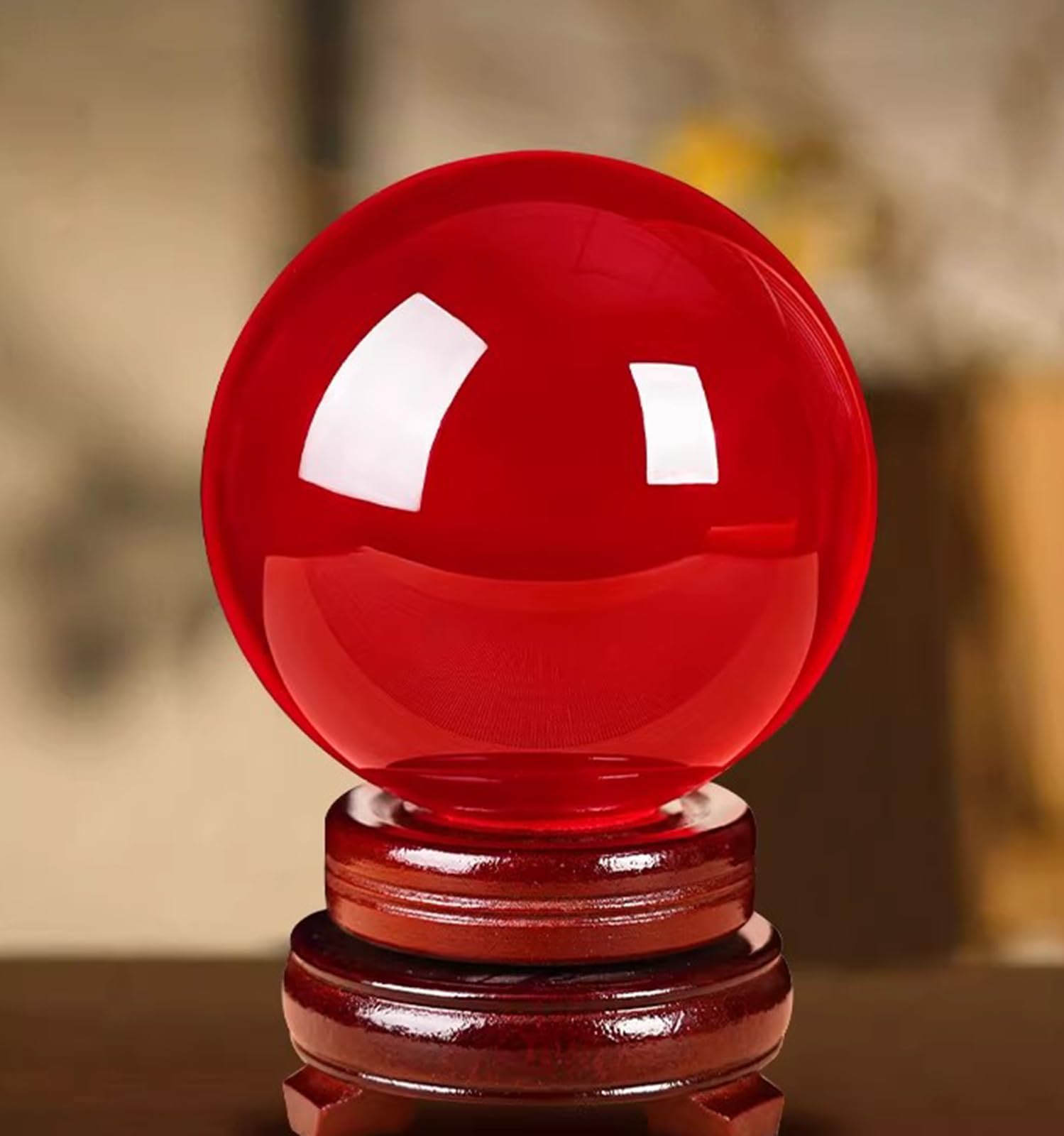 Figurka w kształcie czerwonej kryształowej kuli, magiczna szklana kula Feng Shui z drewnianym stojakiem, dekoracyjna kula do fotografii lensball, wróżka, czary,3.14"(8cm)