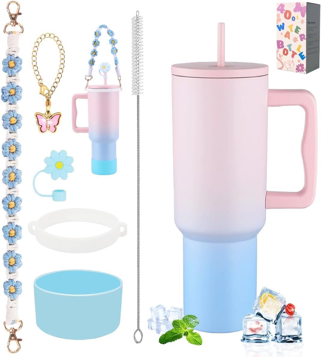 40 oz Tumbler with Handle and Straw & 6PCS Cup Accessories for 40 oz Cup - Vacuum Insulated Stainless Steel Double Wall Water Bottle Travel Coffee Mug - Holiday Gifts for Women Men (Bubble)