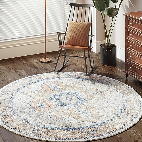 jinchan Kelda Round Rug 6ft Washable Area Rug Indoor Vintage Bedroom Floor Cover Distressed Circle Mat 6' Round Lightweight Non Slip Low Pile Thin Far