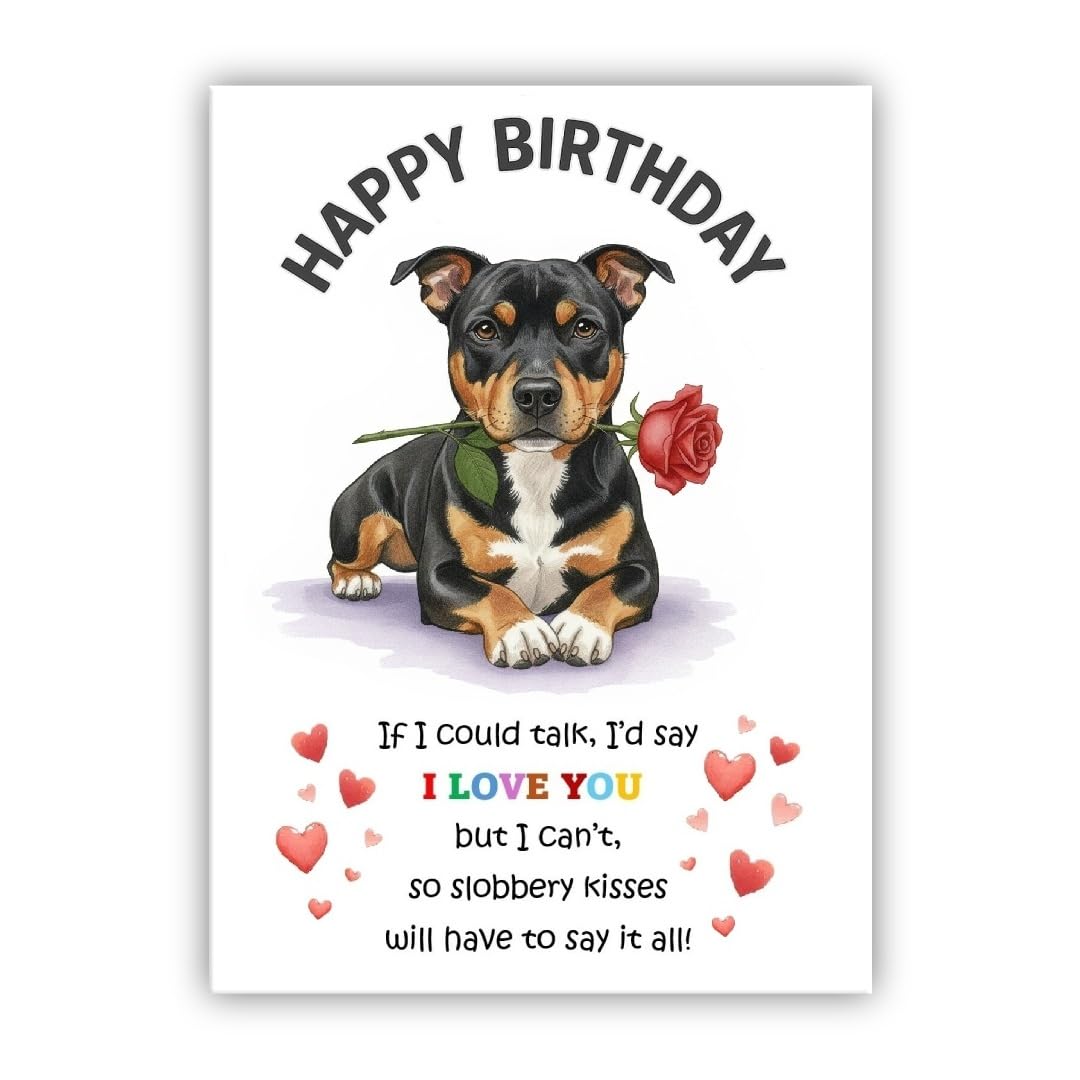 Dog Birthday Card – Cute Puppy with Rose – Birthday Card from the dog to the owner, Mum, Dad, Mummy, Daddy, Mother, Father (• Staffordshire Bull Terrier black – Staff terrier - Staffy)