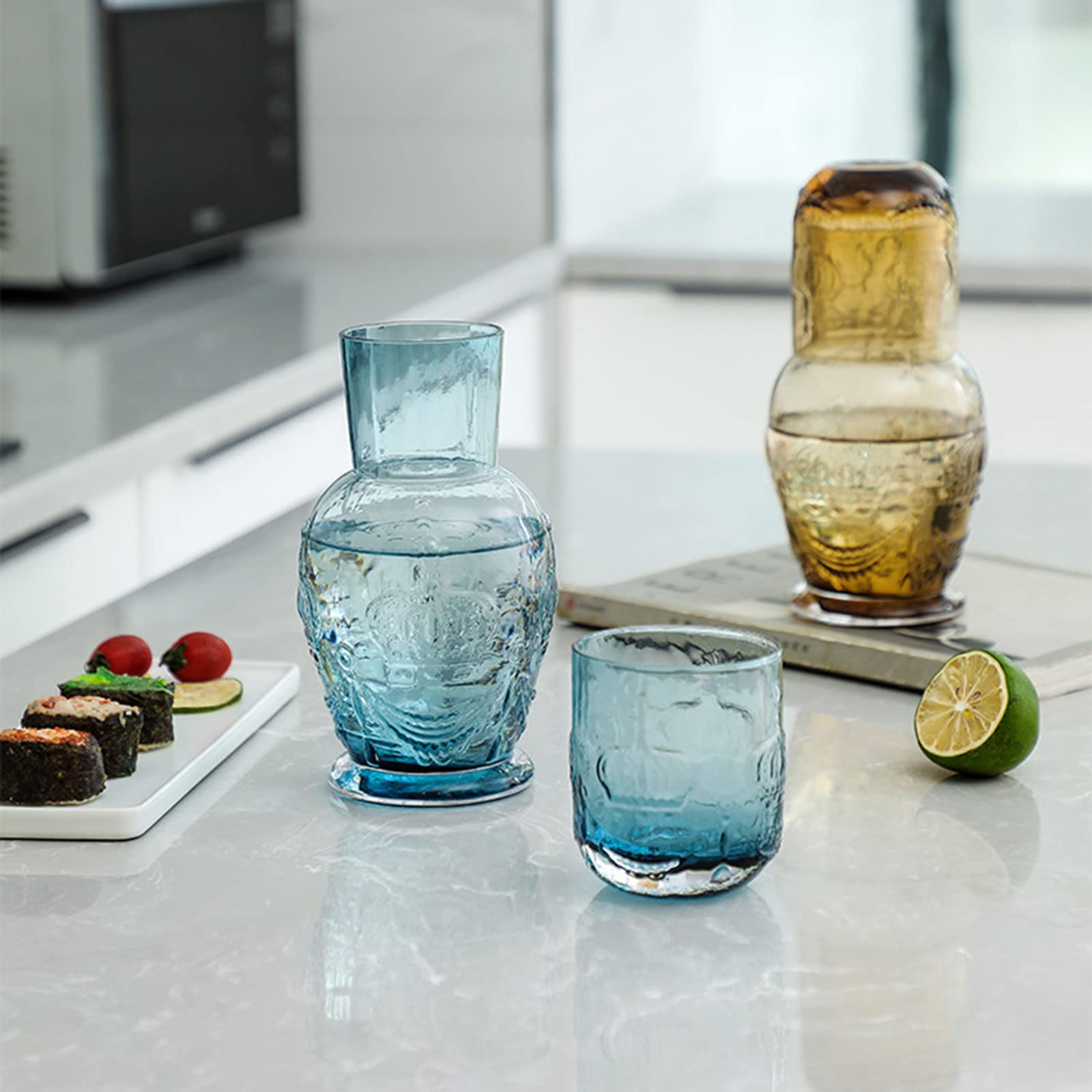 BestAlice Set di 2 caraffe da comodino e bicchieri, 500 ml, stile vintage, in vetro trasparente