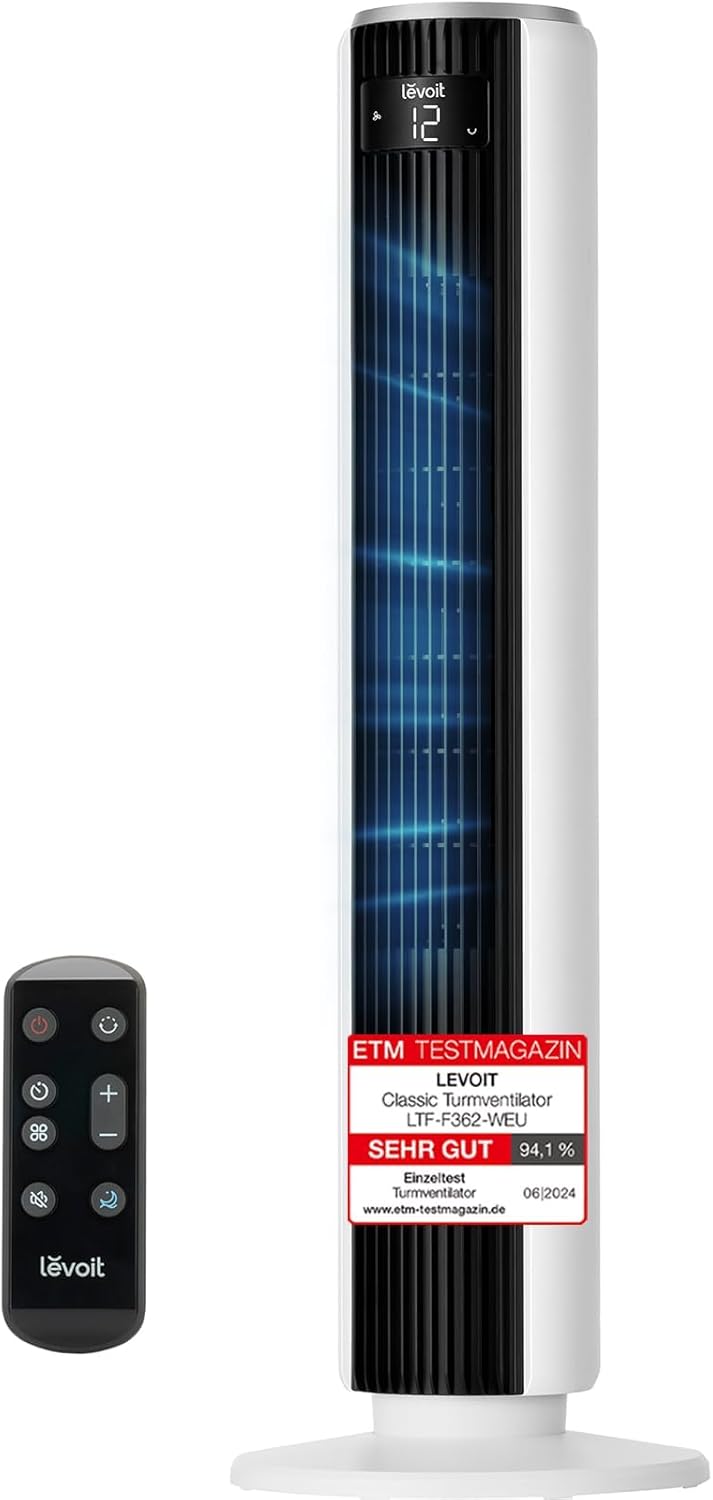 Levoit - DC Motor Turmventilator - 20dB sehr leiser Ventilator - 4 Modi/12 Stufen/12 Std Timer - Fernbedienung & Kühlung - Tower Fan mit 7,9m/s Geschwindigkeit - 24W Standventilator - Weiß, 92 cm