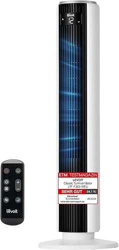 Levoit - DC Motor Turmventilator - 20dB sehr leiser Ventilator - 4 Modi/12 Stufen/12 Std Timer - Fernbedienung & Kühlung - Tower Fan mit 7,9m/s Geschwindigkeit - 24W Standventilator - Weiß, 92 cm