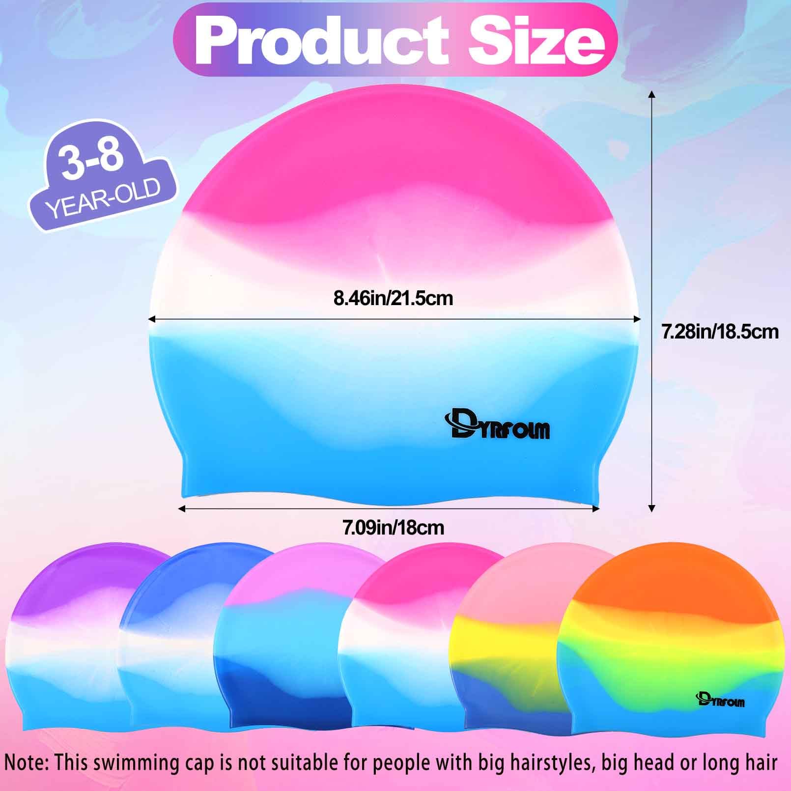 Dyrfolm 6 Pieces Kids Swim Caps,Silicone Swim Cap,Toddlers Swimming Caps,Kids Swim Caps for Boys Girls,Waterproof Swimming Hat,Elastic Bathing Caps for Short Hair to Keep Hair Dry