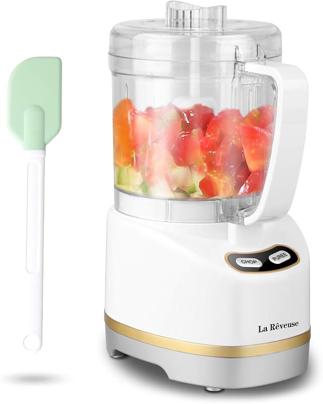 La Reveuse Mini procesador de alimentos de 2 tazas, picadora eléctrica pequeña, blanco | para picar, picar, moler, licuar, hacer puré, 2 velocidades de pulso, apto para lavavajillas, (1) espátula incluida, 200 vatios, LARB1814W