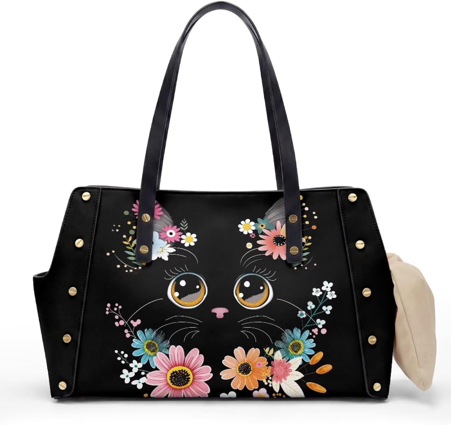 Cat Daisy Print Dog Carrier Purse for Small Dogs, PU Leather Pet Tote Bag with Cushion, Cozy Lightweight Pet Carrier Purse for Walking