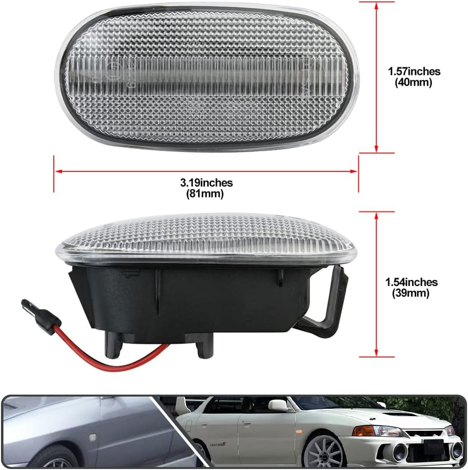 2Pcs Full Amber LED Side Marker Lights for Mitsubishi Lancer Evo 1992-1998 Lancer Estate Coupe Sedan 1992-2000 Front Fender Turn Signal Sidemarker Lamp OEM Replacement Clear Lens