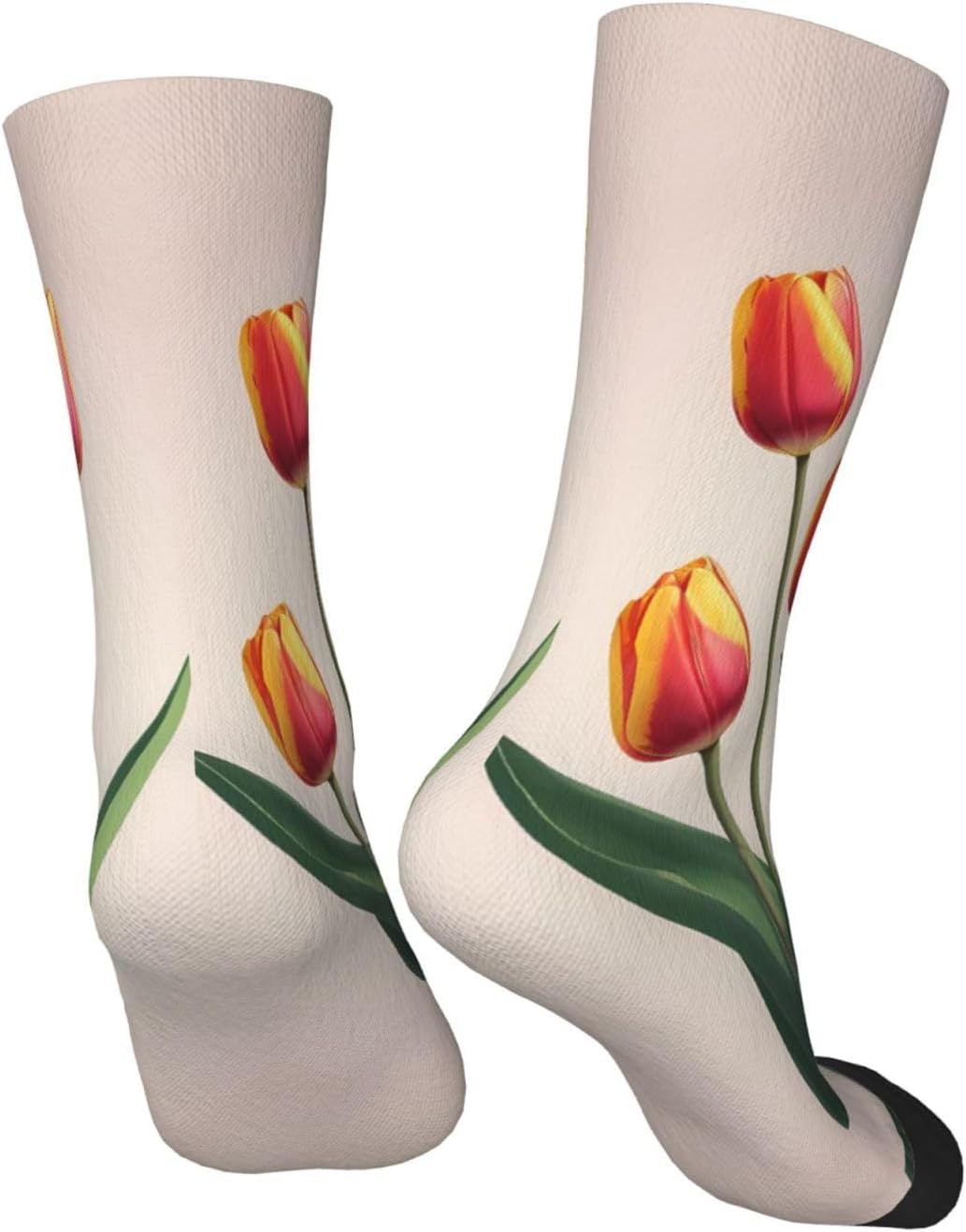 Pink background tulips Printed 1 Black mid calf socks, stretchy athletic socks, suitable for running and workouts