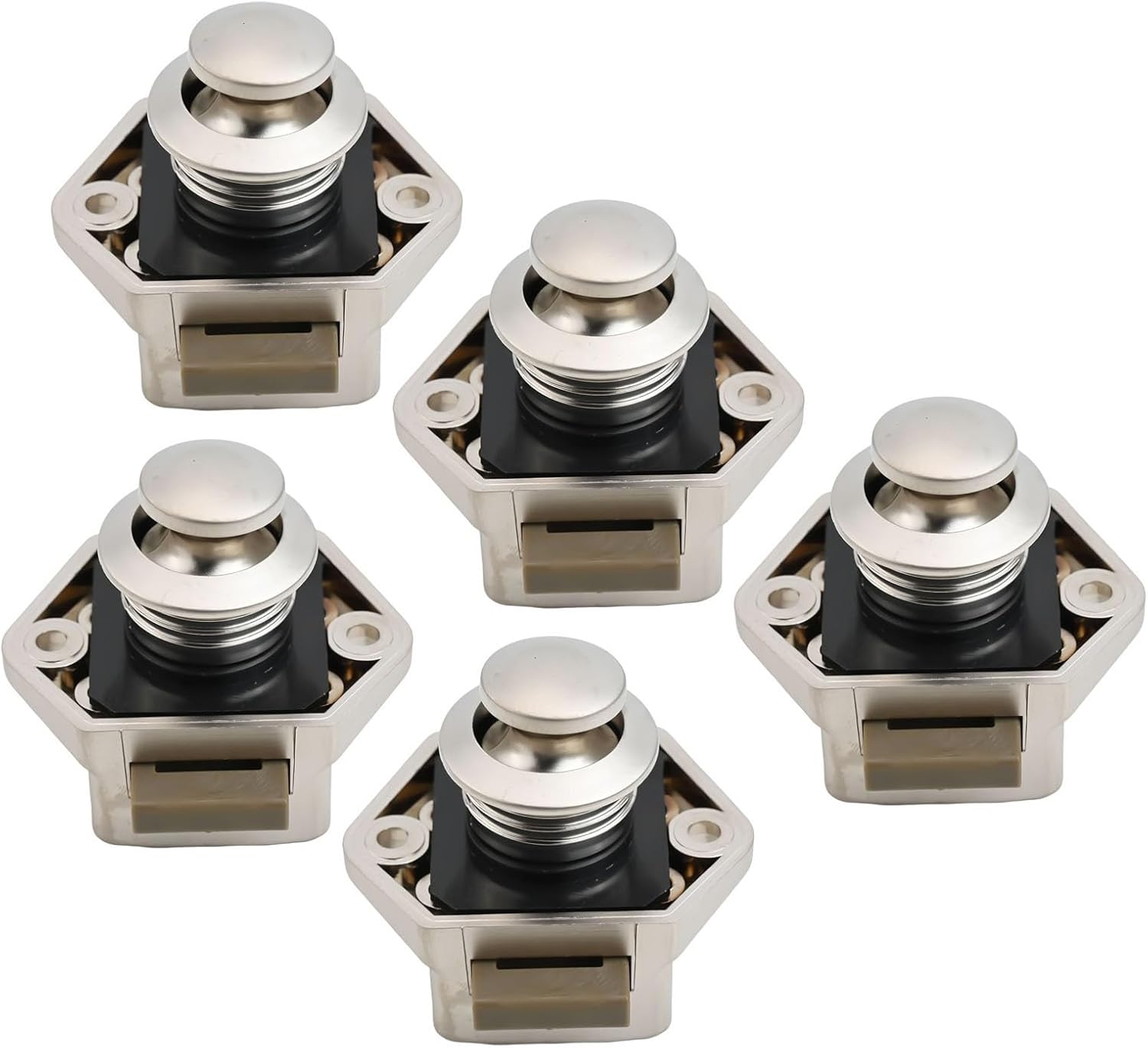 5-Pack Push Button Cabinet Locks RV Camper, Nickel Finish Cupboard Door Latches, Secure Storage Drawer Catches Trailers